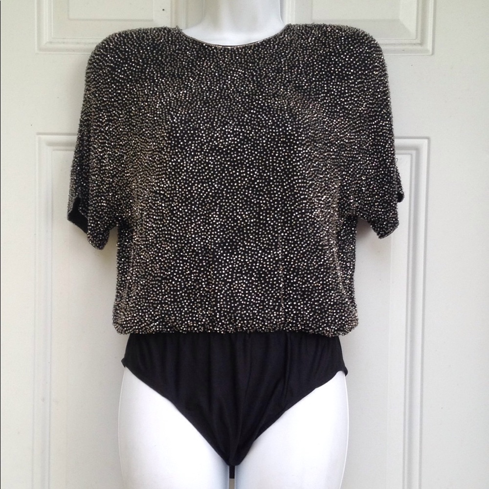 Oleg Cassini Black and Metallic Beaded Short Sleeve Top